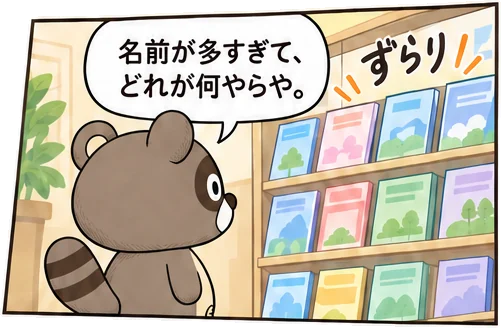 1コマ目：ぽんぽこが保険パンフレットの棚の前で立ち止まる。
