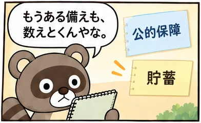 6コマ目：ぽんぽこが公的保障と貯蓄のメモを見つける。