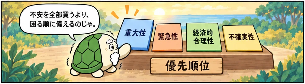 8コマ目：四つの札を整理し、一番必要な一枚を手元へ。