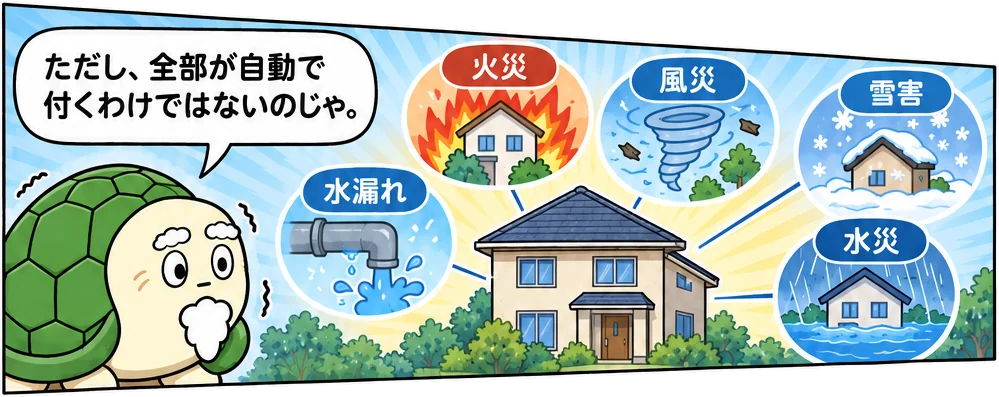 3コマ目：家の周りに炎、風、雪、水道管、水害を別々の小図で配置。