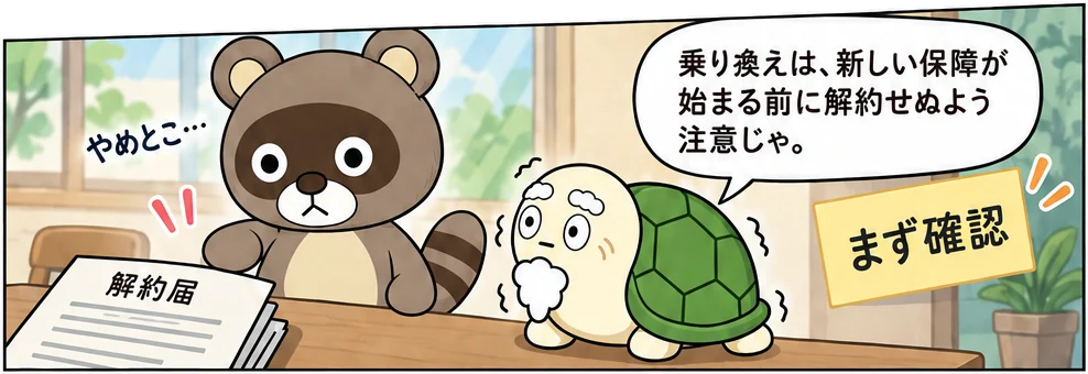 6コマ目：ぽんぽこが解約書類へ伸ばしかけた丸い手を引く。亀が隣に。