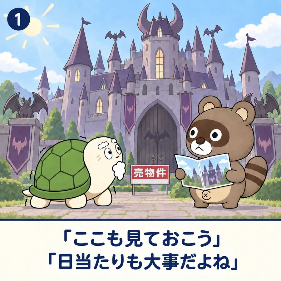 1コマ目:売物件のお城の前で、パンフレットを広げるぽんぽことカメさん。「ここも見ておこう」「日当たりも大事だよね」