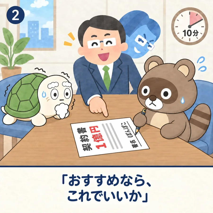 2コマ目:営業の人にすすめられるまま、10分で契約書にサインするぽんぽこ。「おすすめなら、これでいいか」
