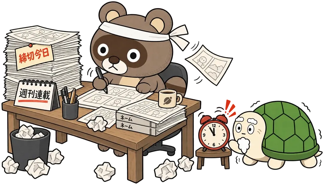 「締切今日」の原稿の山を前に、はちまきで漫画を描くぽんぽこと、目覚まし時計にあわてるカメさん