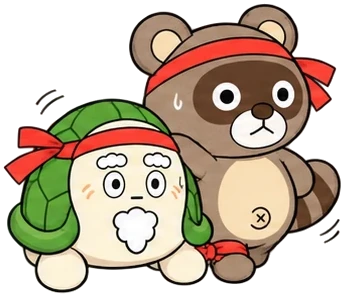 はちまきをしめたぽんぽことカメさんが、足をひもで結んで二人三脚をしている絵