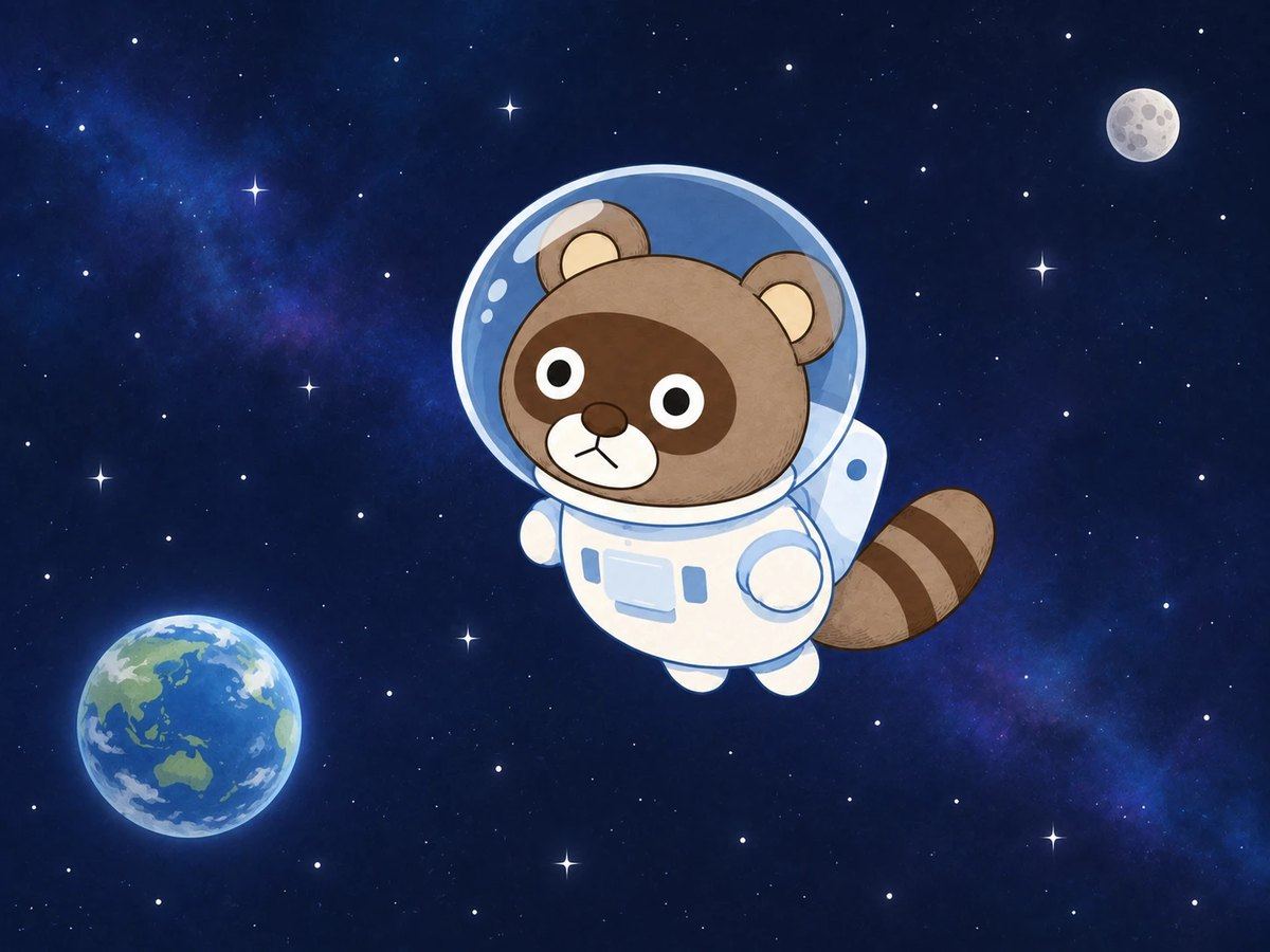 宇宙服を着て、宇宙をただよう、ぽんぽこ